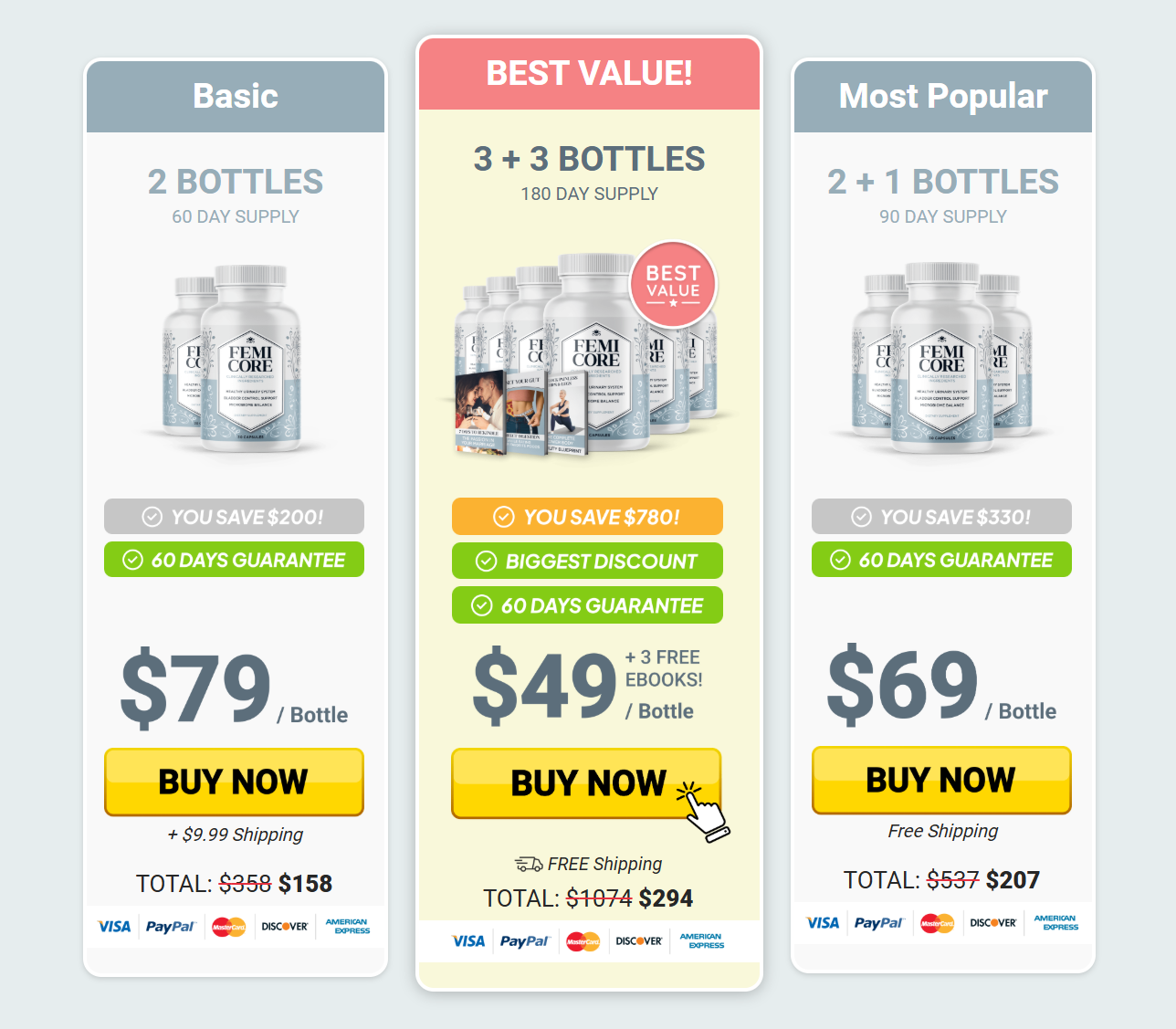FemiCore bottle packages and pricing options